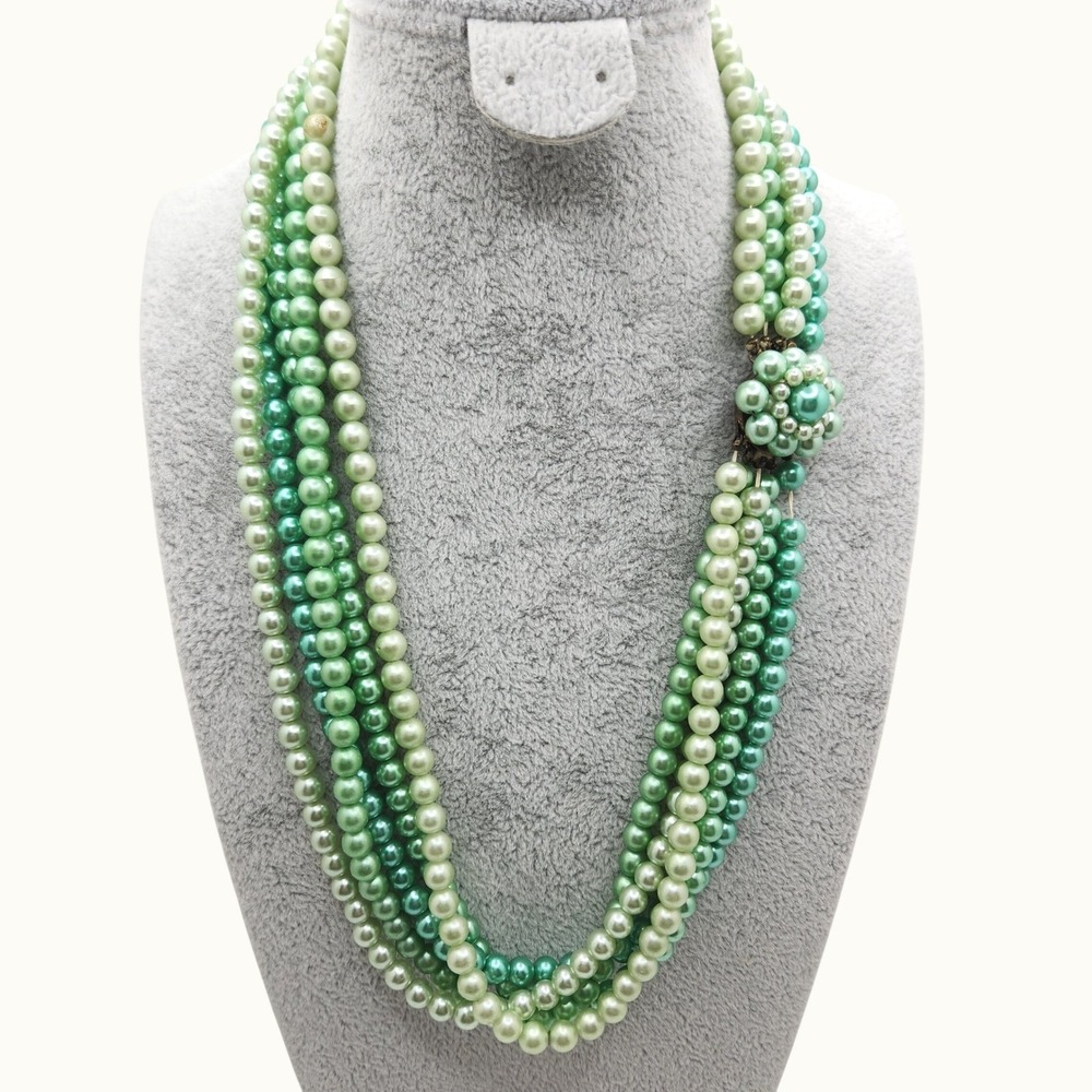 Vintage Green Multi Strand Faux Pearl Necklace 50s Style Classic Timeless